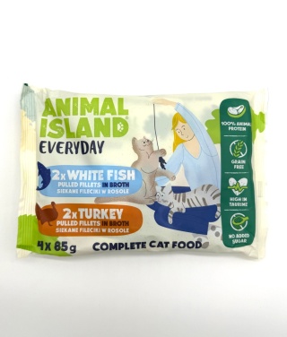 ANIMAL ISLAND Everyday Indyk i Biała ryba filety w rosole - mokra karma dla kota - 4 x 85g