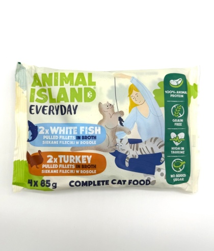 ANIMAL ISLAND Everyday Indyk i Biała ryba filety w rosole - mokra karma dla kota - 4 x 85g