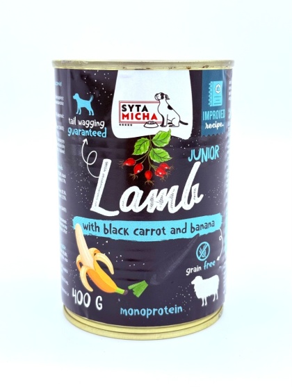 Syta Micha Karma mokra dla szczeniąt jagnięcina z czarną marchwią i bananem 400g