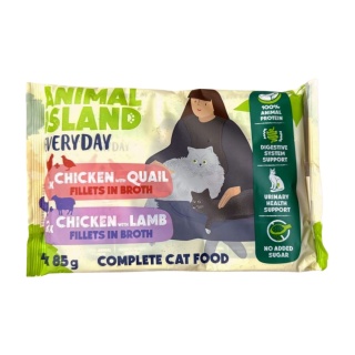 Animal Island saszetki kurczak przepiórka - kurczak jagnięcina 4x85g – szarpane fileciki w rosole dla kota