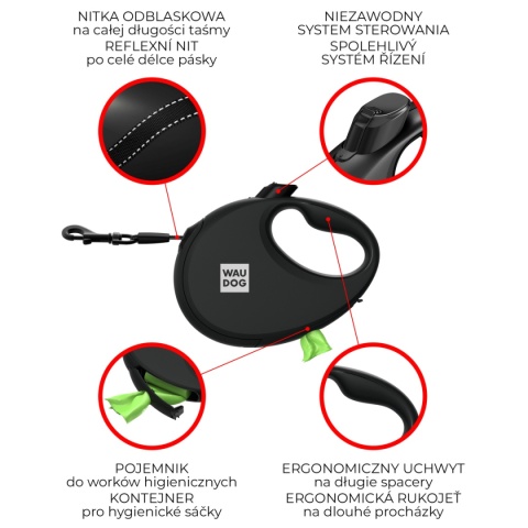 WAUDOG R-LEASH SMYCZ AUTOMATYCZNA DLA PSÓW Z POJEMNIKIEM czarna 5 m do 40 kg L