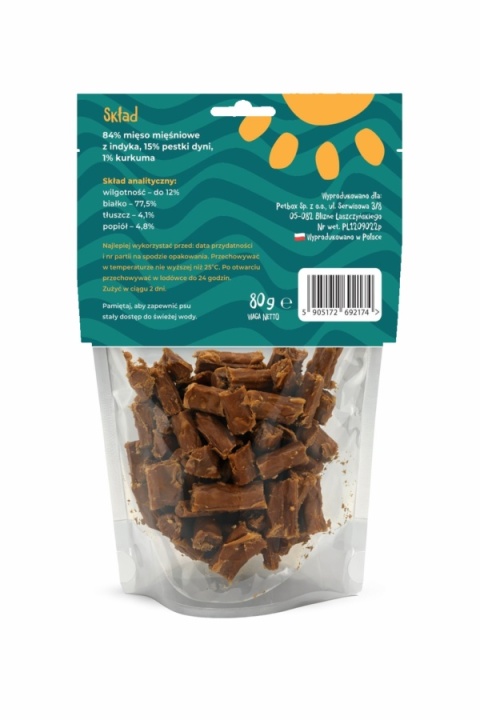 Mr. Bro Mniamki Air Dried przysmaki treningowe dla psa z indyka 80 g – niskotłuszczowe smaczki z pestkami dyni i kurkumą