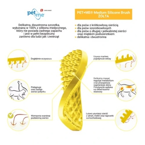 Pet+Me Medium Silicone Brush Yellow – silikonowa szczotka dla psa,Profesjonalna pielęgnacja sierści