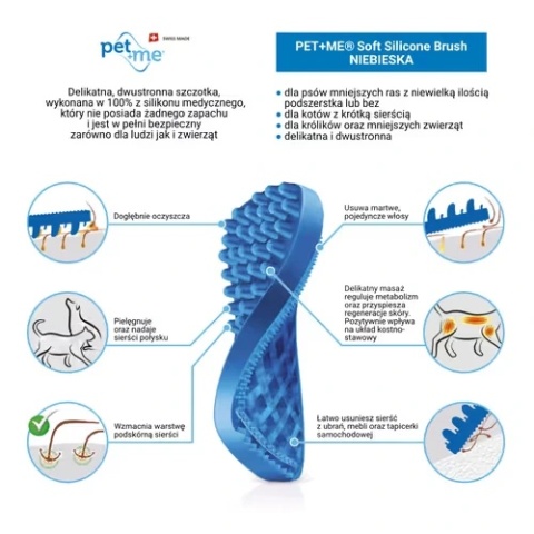Pet+Me Soft Silicone Brush Blue-szczotka silikonowa dla małych psów z niewielką ilością lub bez podszerstka, kotów krótkowłosych