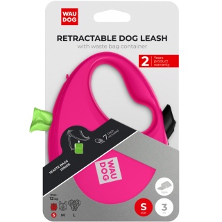 Smycz automatyczna dla psa WAUDOG R-leash z pojemnikiem na worek, taśma odblaskowa, różowa M do 20kg, 5m