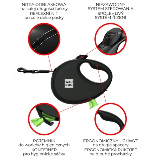 WAUDOG Smycz automatyczna R-leash 3 m S (do 12 kg) – smycz dla psa z pojemnikiem na woreczki i taśmą odblaskową